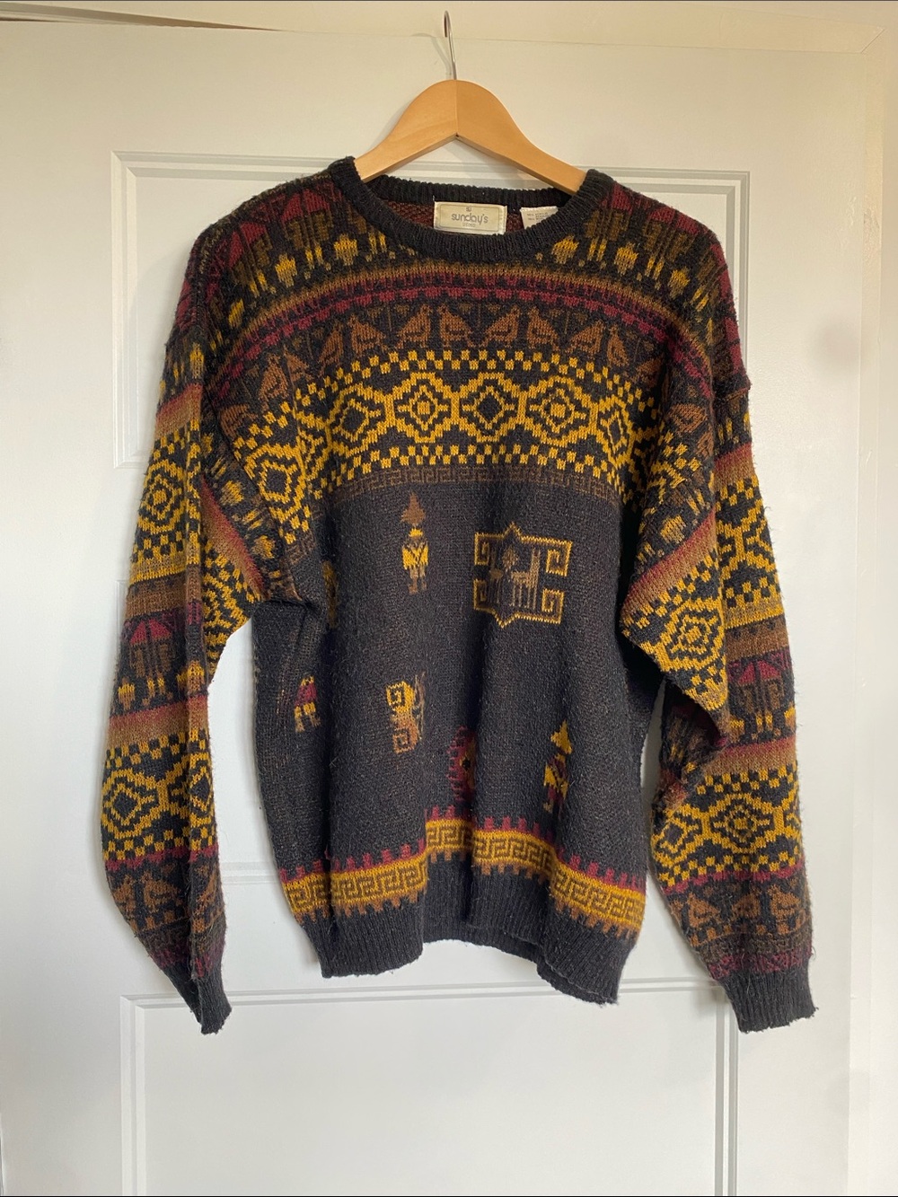 sundays Geometric Crewneck Sweater in Charcoal, Mustard & Burgundy